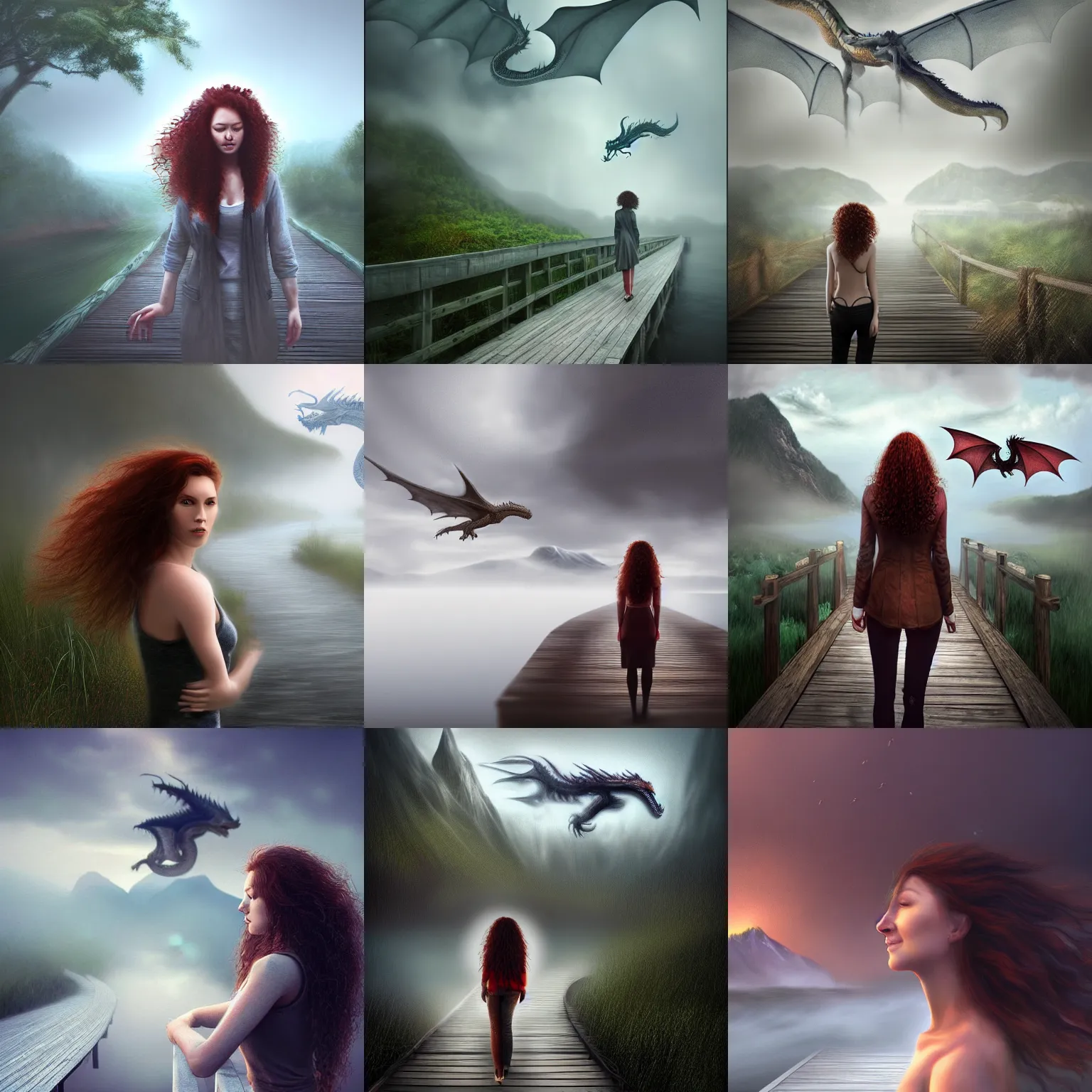 Prompt: a realistic digital painting of a woman with curly long redhair standing in a boardwalk besides a river looking at a dragon flying out of the mountains in a fog during a thunderous weather. Trending on ArtStation. Epic Art. Emotional