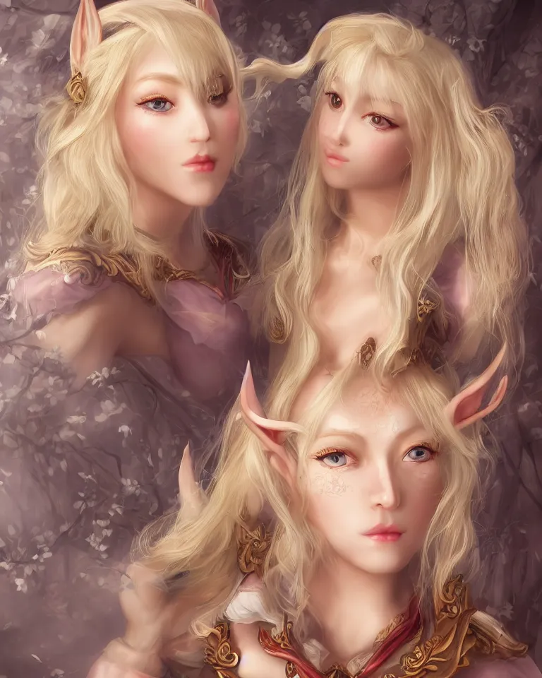 Prompt: blonde half - elf woman, rococo, sakimichan, 4 k