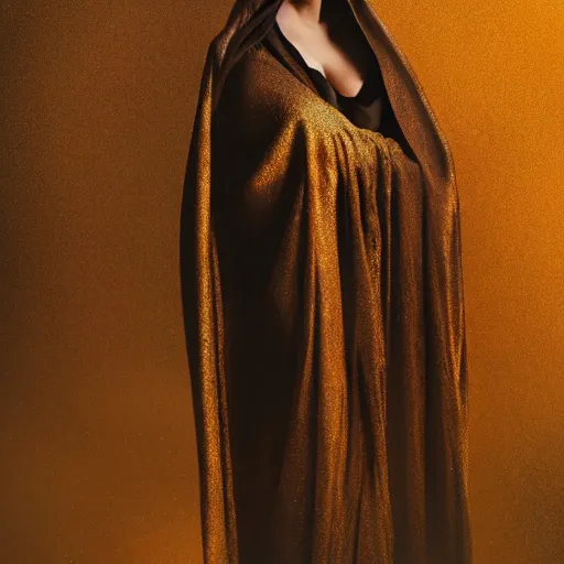 Image similar to a portrait of a young woman wearing a long dark cloak, hood and shadows covering face, holding golden chains, oil painting, matte painting, black background, Volumetric Golden dappled dynamic lighting, Highly Detailed, Cinematic Lighting, Unreal Engine, 8k, HD, by Beksinski