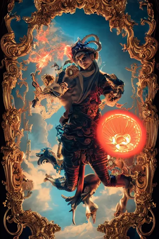 Image similar to full-body rococo and cyberpunk style sculpture of a young handsome Spanish prince half android with a chest exposing a glowing orange gem, glowing pink laser eyes, crown of blue gears and giant diamonds, swirling salmon-colored silk fabric, robotic raptors dinosaurs. baroque elements. full-length view. intricate artwork by caravaggio. Trending on artstation, octane render, cinematic lighting from the right, hyper realism, octane render, 8k, depth of field, 3D