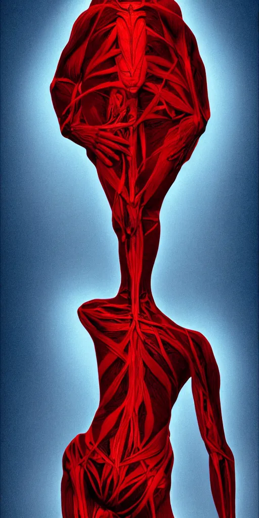 Image similar to poster design, full body anatomical model, 3 d photographic render of a deconstructed asymmetric human anatomical correct human body, in hoc signo vinces, waterfall, in the style of leonora carrington, gottfried helnwein, intricate composition, blue light by caravaggio, insanely quality, highly detailed, masterpiece, red light, artstation