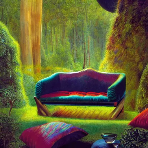 Image similar to psychedelic couch sofa in the lush forest, milky way, designed by arnold bocklin, jules bastien - lepage, tarsila do amaral, wayne barlowe and gustave baumann, cheval michael, trending on artstation, mediterranean, star, sharp focus, colorful refracted sparkles and lines, soft light, 8 k 4 k