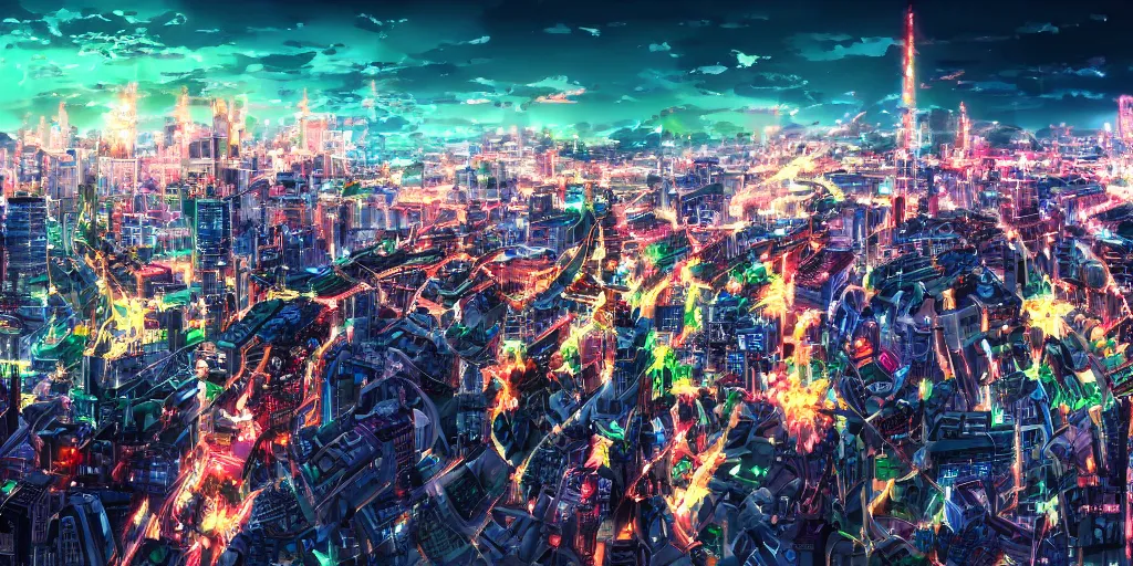 Futuristic Anime Cityscape At Sunset by monorisu