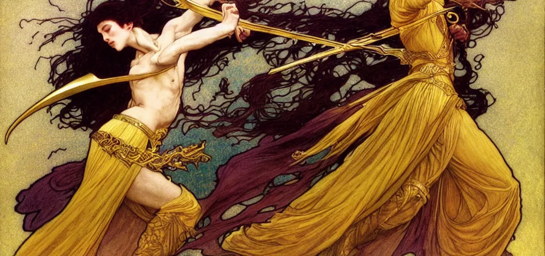 Image similar to a dual wielding golden swordsman leans back as he dances elegantly in the wind, his robes and long hair flowing in the breeze, his enemies lying on the ground below, fantasy, Mucha, MTG, Game of Thrones, salsa dancing, Rossetti, Millais