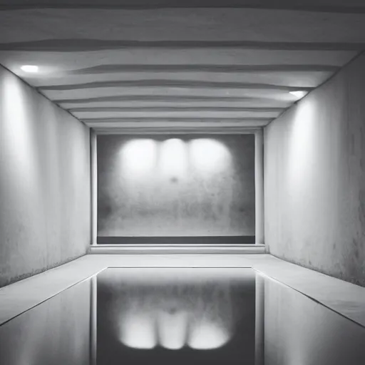 Image similar to a dimly lit underground pool made of white stone, surreal, liminal, eerie, minimalist, photo,