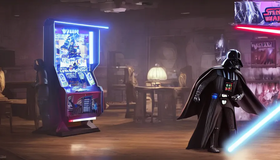 Prompt: concept art of role - playing games darth vader playing an arcade machine. macro. unreal engine 5. octane render. vray. arnold. maya. 1 8 mm lens. gopro, low angle, wide lens. trending on artstation. depth of field. colorful. d & d. centered image.
