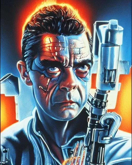 Prompt: rowan atkinson as terminator in the terminator, airbrush, drew struzan illustration art, key art, movie poster