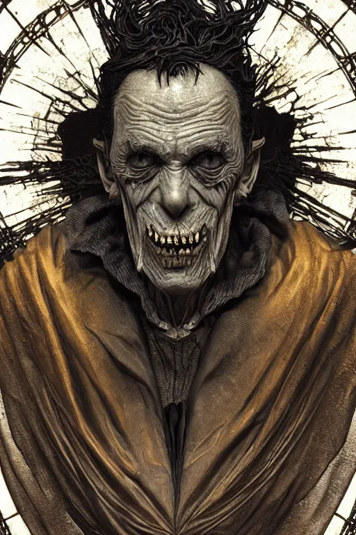 Image similar to portrait of a old vampire slightly smiling, intricate wrinkles, dystopian terror, sharp black fangs, night light, extremely detailed, digital painting, candles, sculpted in zbrush, artstation, concept art, smooth, sharp focus, illustration, chiaroscuro lighting, golden ratio, incredible art by Stanley Artgerm Lau and Greg Rutkowski, composition by Alphonse Mucha and Simon Stalenhag