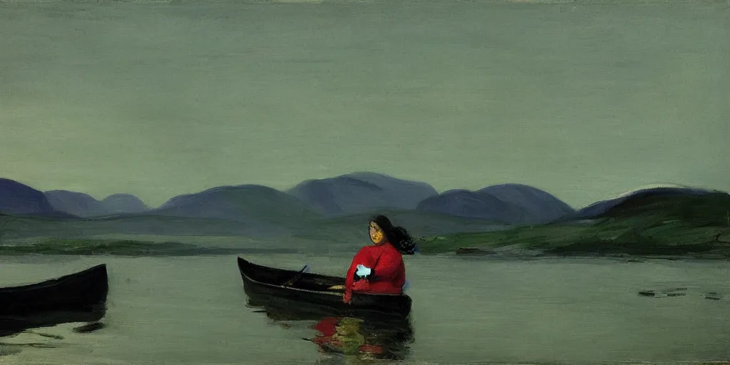 Prompt: “ a woman sitting in canoe on the hudson river, mountains in fog background, green colors, highly detailed, oil painting, by george bellows ”