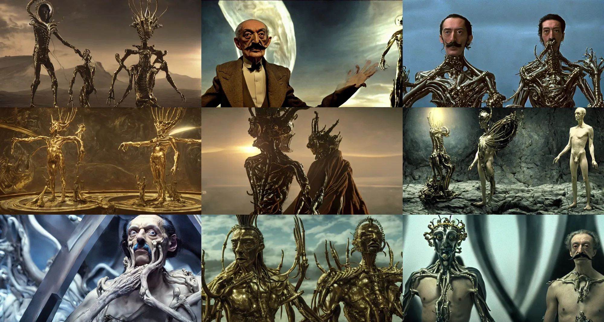 Prompt: the full body shot of very arrogant salvador dali in the role of emperor of universe | still frame from the prometheus movie by ridley scott with cinematogrophy of christopher doyle and art direction by hans giger, anamorphic bokeh and lens flares, 8 k, higly detailed masterpiece