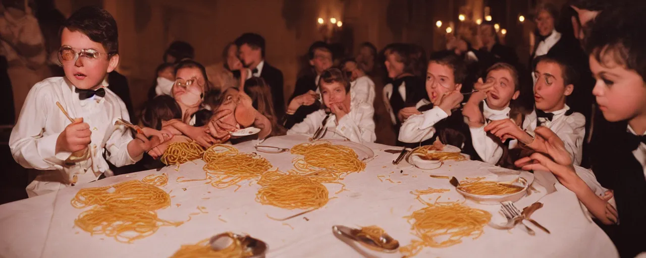 Prompt: young people eating spaghetti at a cotillion dance, fancy outfits, high detailed face, facial expression, small details, intricate, canon 5 0 mm, high detail, intricate, cinematic lighting, photography, wes anderson, film, kodachrome