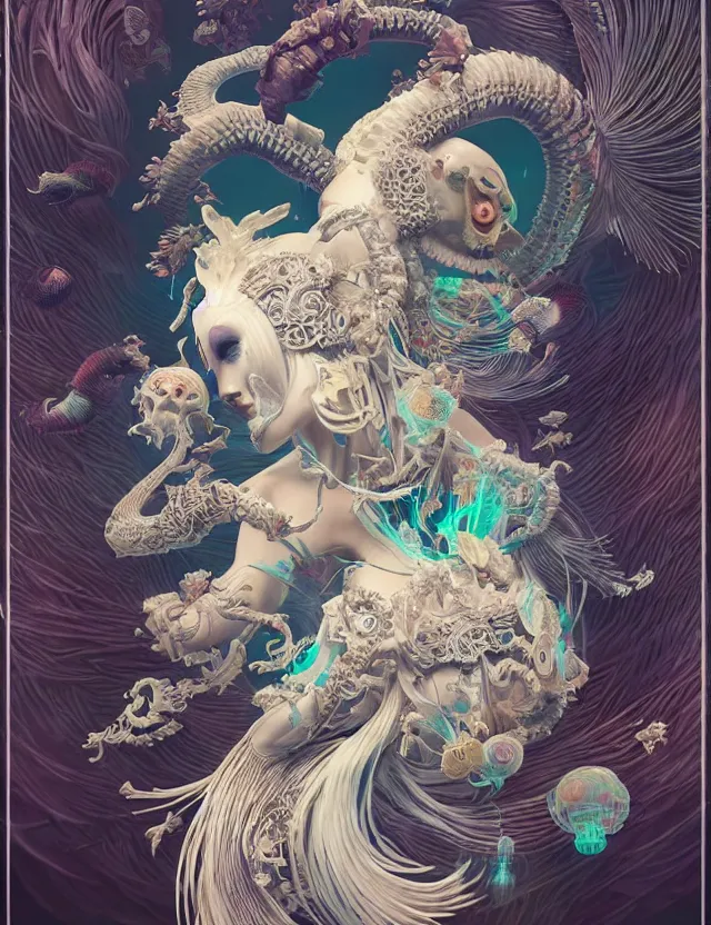 Image similar to 3 d goddess bottom - up with ram skull. beautiful intricately detailed japanese crow kitsune mask and clasical japanese kimono. betta fish, jellyfish phoenix, bio luminescent, plasma, ice, water, wind, creature, artwork by tooth wu and wlop and beeple and greg rutkowski