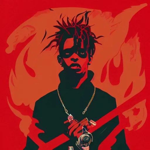 Prompt: Album Art for Playboi Carti \'Whole Lotta Red\', Fanged Vampire, Red Birthmark, Castlevania, Vector art, Geometric 3d shapes, Gang, Paper Marbling, red smoke, by Sachin Teng, Trending on artstation