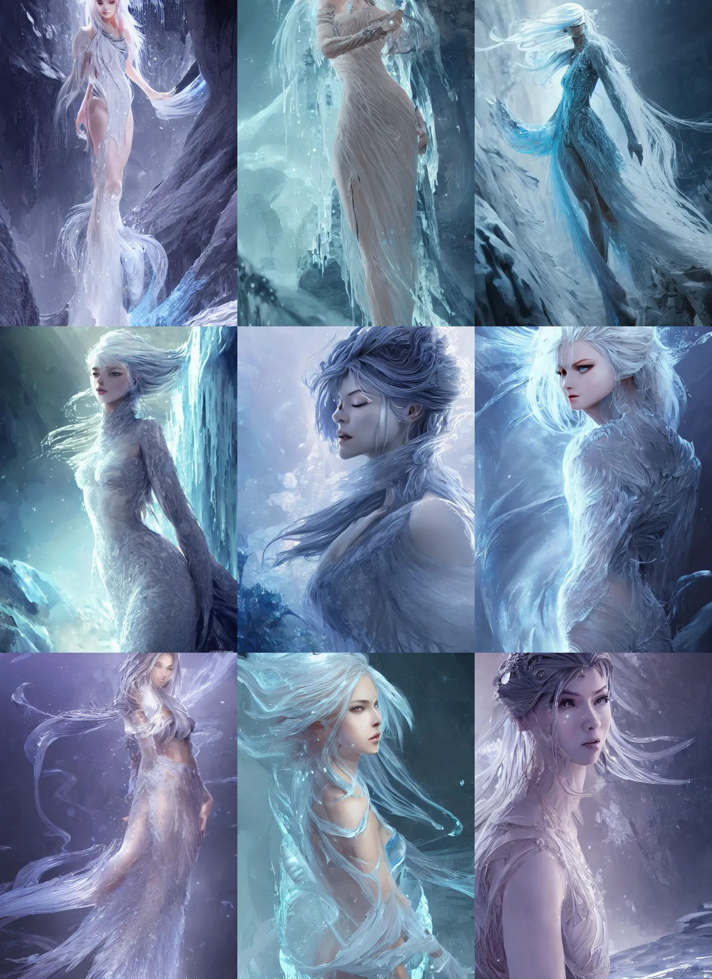 Prompt: female made of ice long hair like a waterfall, full body, elegant, intricate, highly detailed, fractal background, digital painting, artstation, concept art, wallpaper, smooth, sharp focus, illustration, epic light, art by zeen chin and wadim kashin and sangyeob park, terada katsuya