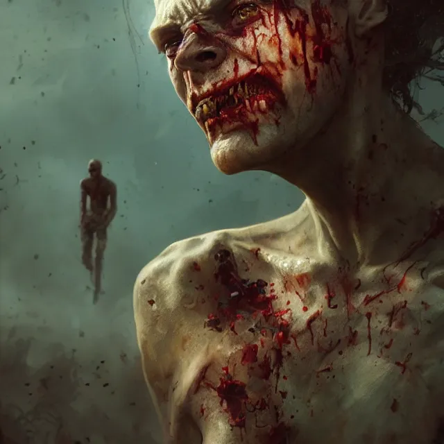 Prompt: hyper realistic photography portrait zombie cinematic, greg rutkowski, james gurney, mignola, craig mullins, brom redshift, vray, octane