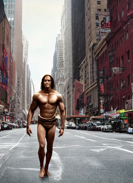 Image similar to film still, tarzan walk on the street of new york, symmetrical, 8 k, medium - format print, half body shot