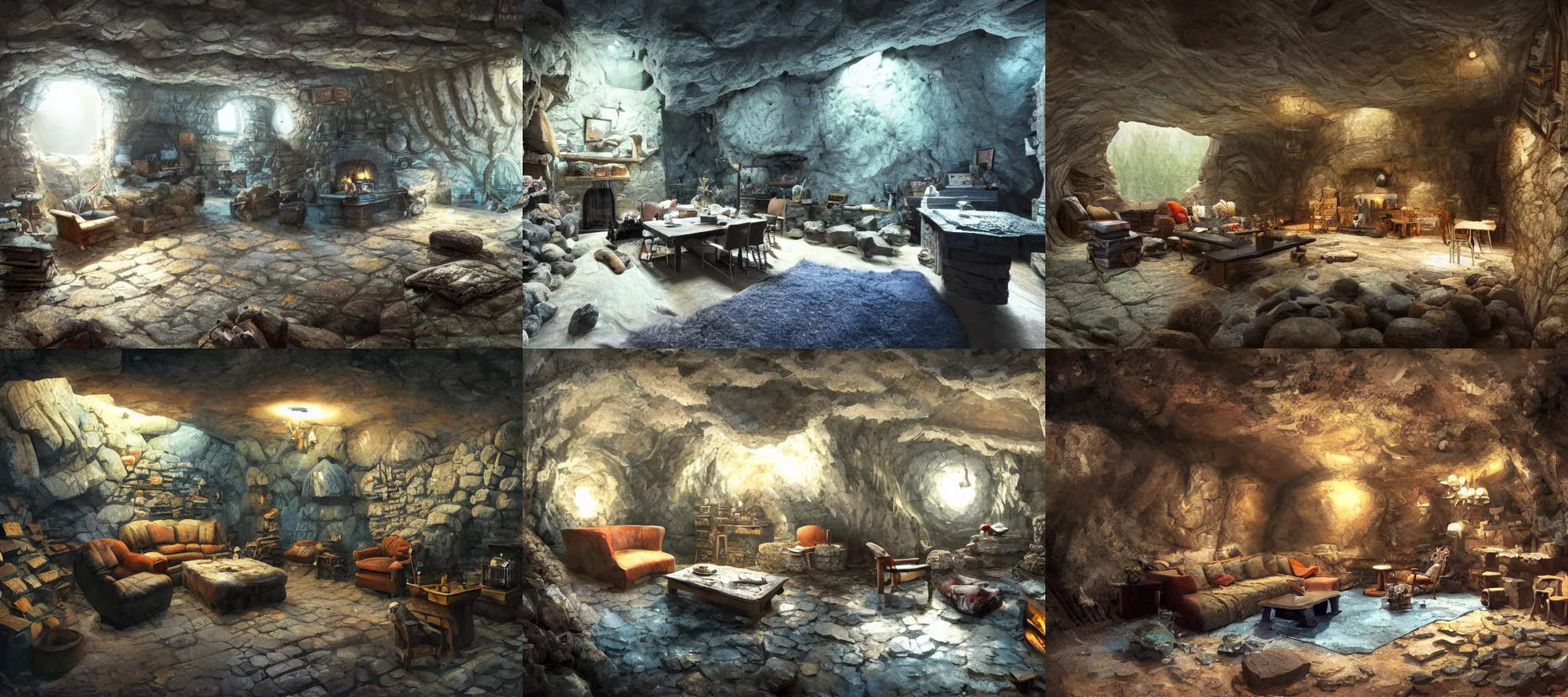 Prompt: a room very deep underground in a cave, rock walls, gloomy dingy, kitchen table, stove, fridge, armchairs, cosy fireplace, books on side table, rug on floor by fireplace, rock walls, blue, pictures of family on wall, craig mullins, detailed watercolour, texture, 4k