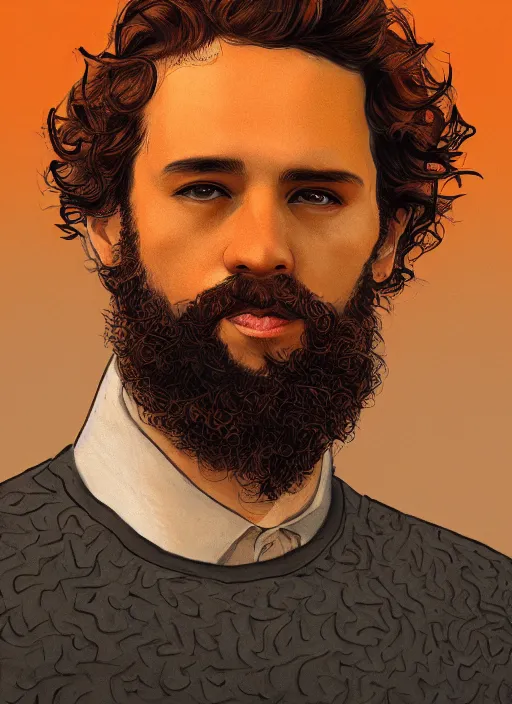 Image similar to illustration of a short curly orange hair man as a portrait, smooth, reflects, masterpiece artwork, ultra detailed, artgerm, style by karl marx, digital art, trending on artstation, behance, deviantart