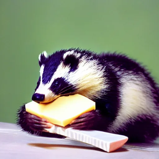 Prompt: happy badger eating a huge piece of cheese, beautiful professional photography, 8 k hd, 3 5 mm film,