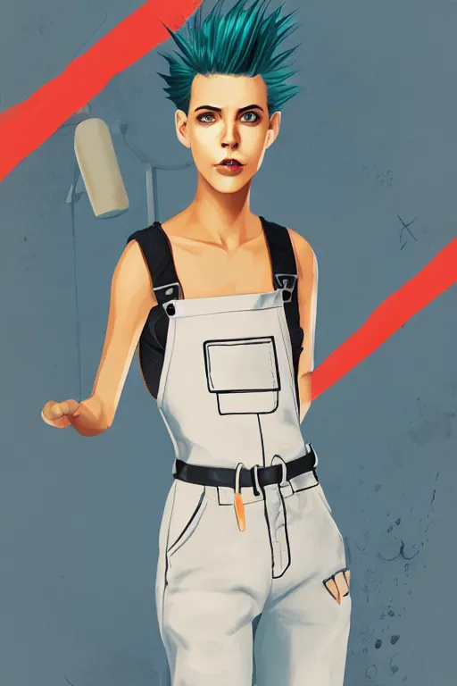Image similar to a beautiful androgynous punk girl with short hair who is a mechanic wearing overalls, digital illustration, digital concept art, digital painting, decorative minimal background, trending on artstation
