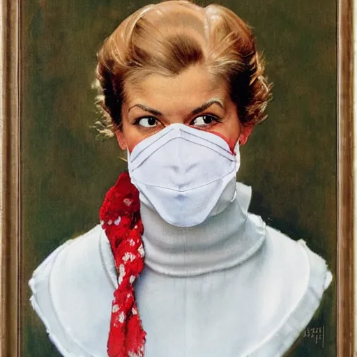 Image similar to Frontal portrait of a woman wearing a white mask and a red turtleneck. Painting by Norman Rockwell.