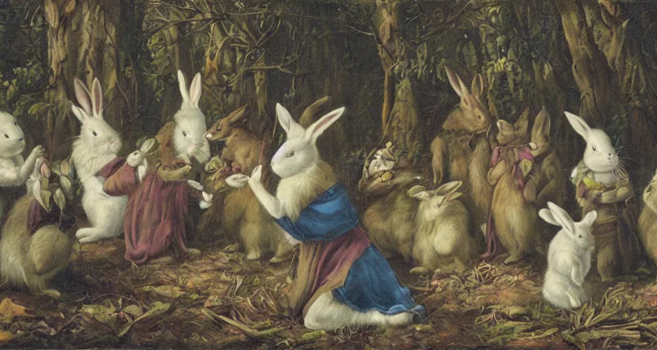 Image similar to A group of rabbits performing a shamanic ritual in a forest