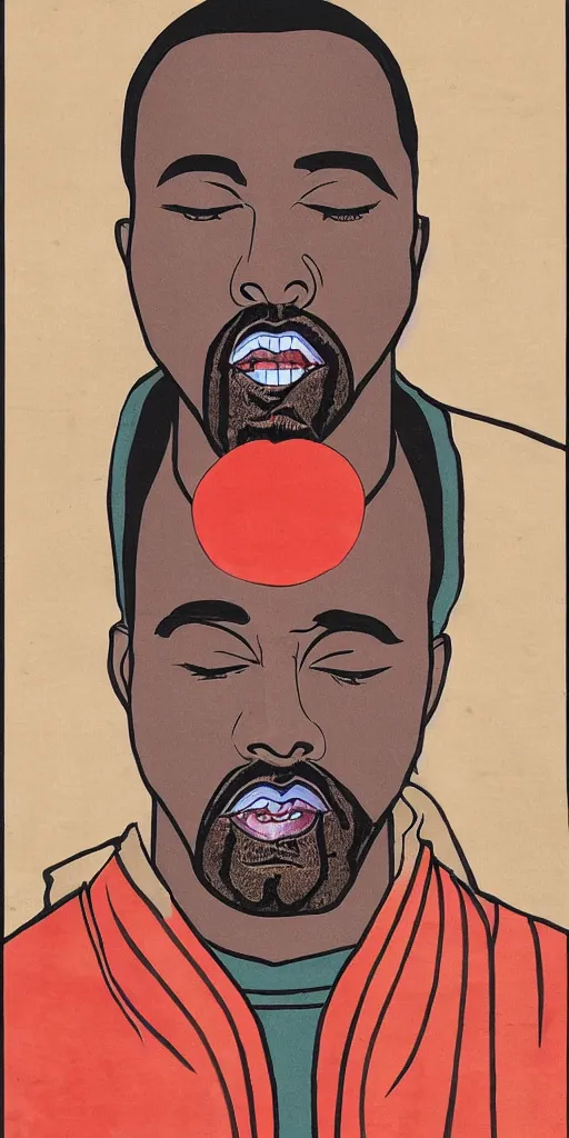 Prompt: a portrait of saint kanye west, kabuki makeup, eating a giant psychedelic mushroom, ukio-e style, symmetrical