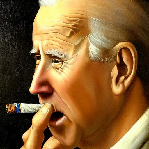 Prompt: a hyper realistic painting of joe Biden smoking a crack pipe. Leonardo da Vinci. Masterpiece 4k