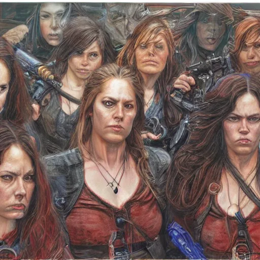 Image similar to frontal portrait of an all - female outlaw gang, by donato giancola.