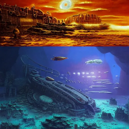 Prompt: A beautiful detailed matte painting of a giant cybernetic crab next to machinal sardines in a nuclear bomb war-ravaged underwater city, Atlantis, deep sea fish, underwater landscape, violent ocean, by andreas rocha and john howe, and Martin Johnson Heade, featured on artstation, featured on behance, golden ratio, ultrawide angle, f32, cyberpunk, well composed, cohesive, oceanblue darkblue black color palette