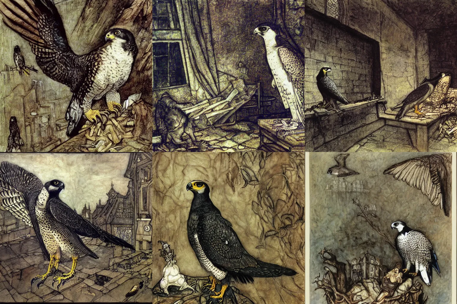 Prompt: a peregrine falcon cannot hear reason, painting by arthur rackham, george grosz and gregory crewdson