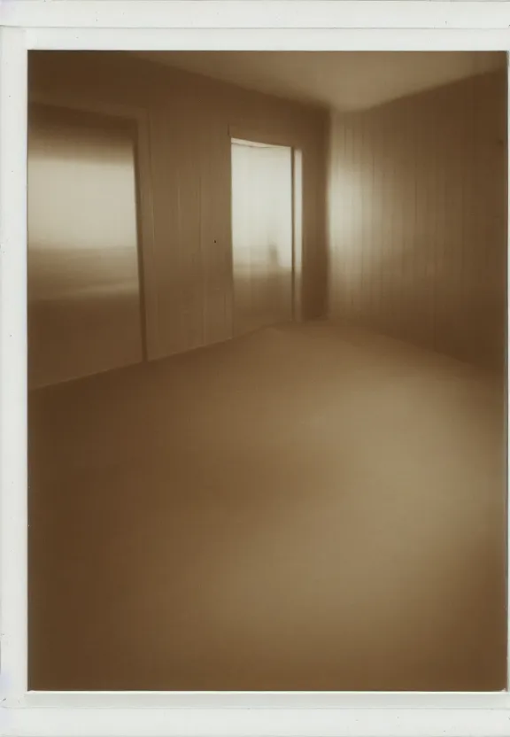 Image similar to a Polaroid photo of an ominous endless space of empty connecting rooms with vanilla colored wallpaper and brown carpet, no windows