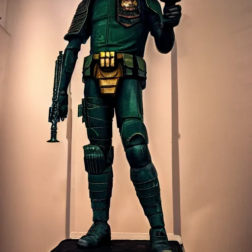 Image similar to statue of judge dredd holding a mechanical arm of fallen foe