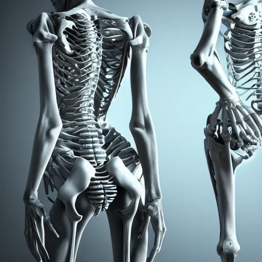Image similar to beautiful scene of a detailed and intricate design of the back of full woman body wrapped in bones, real, studio shot, dynamic lighting, great finesse organic hyper detailed, engineering blueprints, technical drawings, calculus, stained paper, hyperrealistic, ultra detailed, 4K, octane render, unreal engine