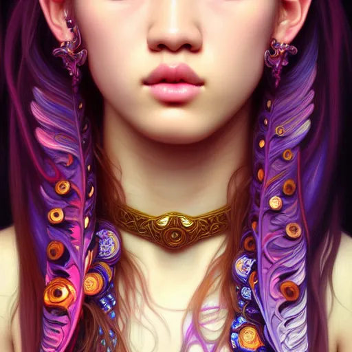 Image similar to portrait of jossi of blackpink, fractal goddess, highly detailed, digital painting, smooth, sharp focus, illustration, ultra realistic, 8 k, art by artgerm and alphonse mucha