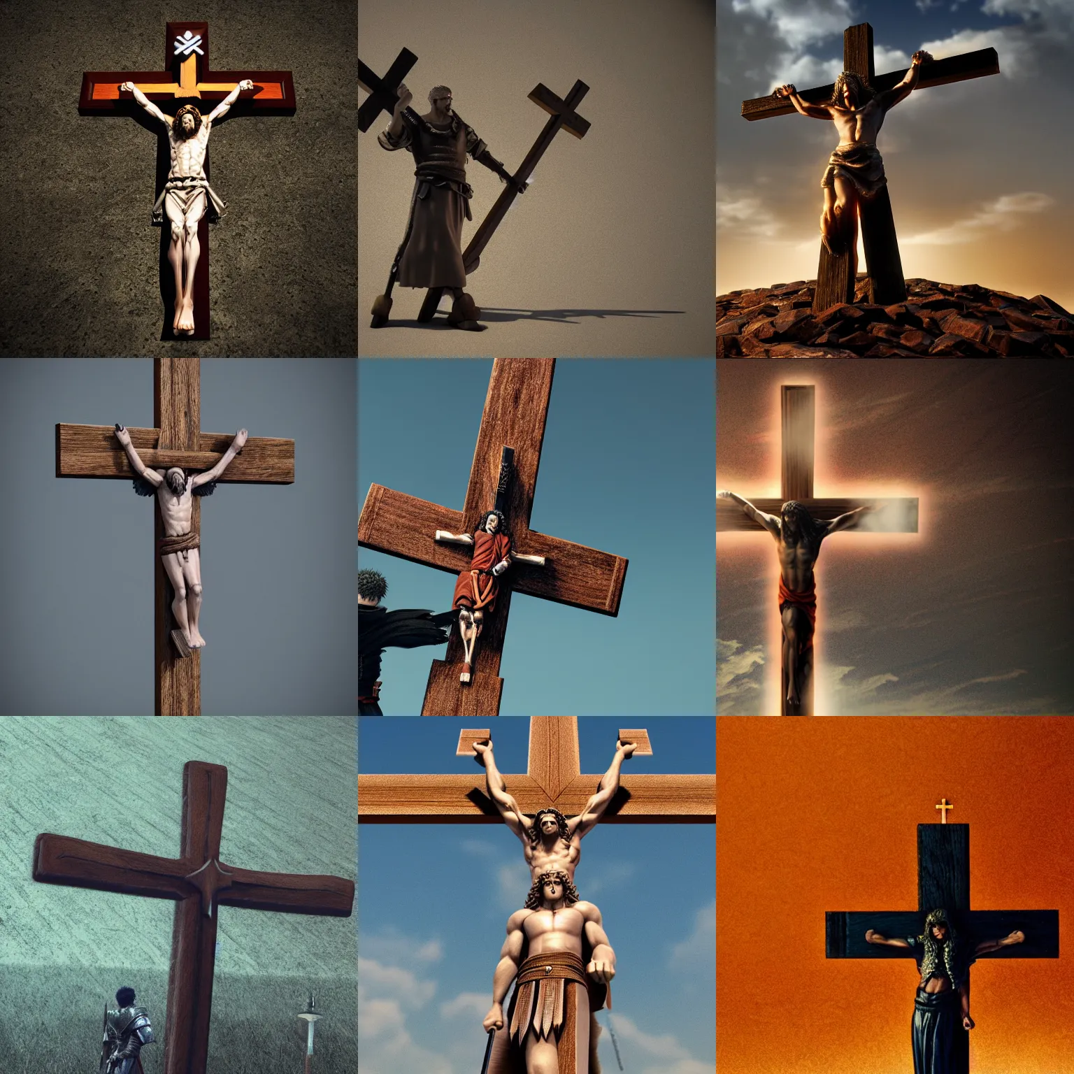 Prompt: octane render, Jesus posing with a giant wooden cross as weapon, in the style of Berserk by Kentaro Miura