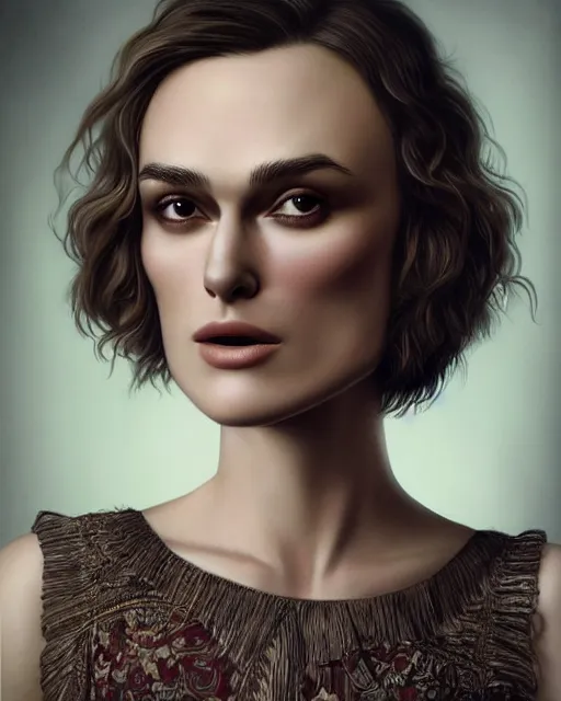 Prompt: highly detailed portrait of keira knightley designe by mark ryden, hyperrealistic, octane render, dynamic lighting