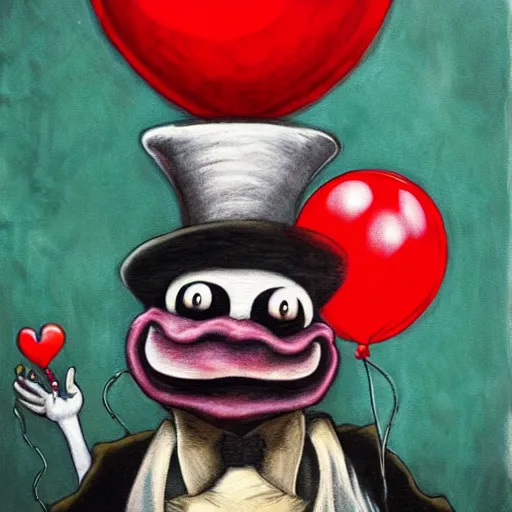 Image similar to grunge cartoon painting of an ape with a top hat with a wide smile and a red balloon by chris leib, loony toons style, pennywise style, horror theme, detailed, elegant, intricate