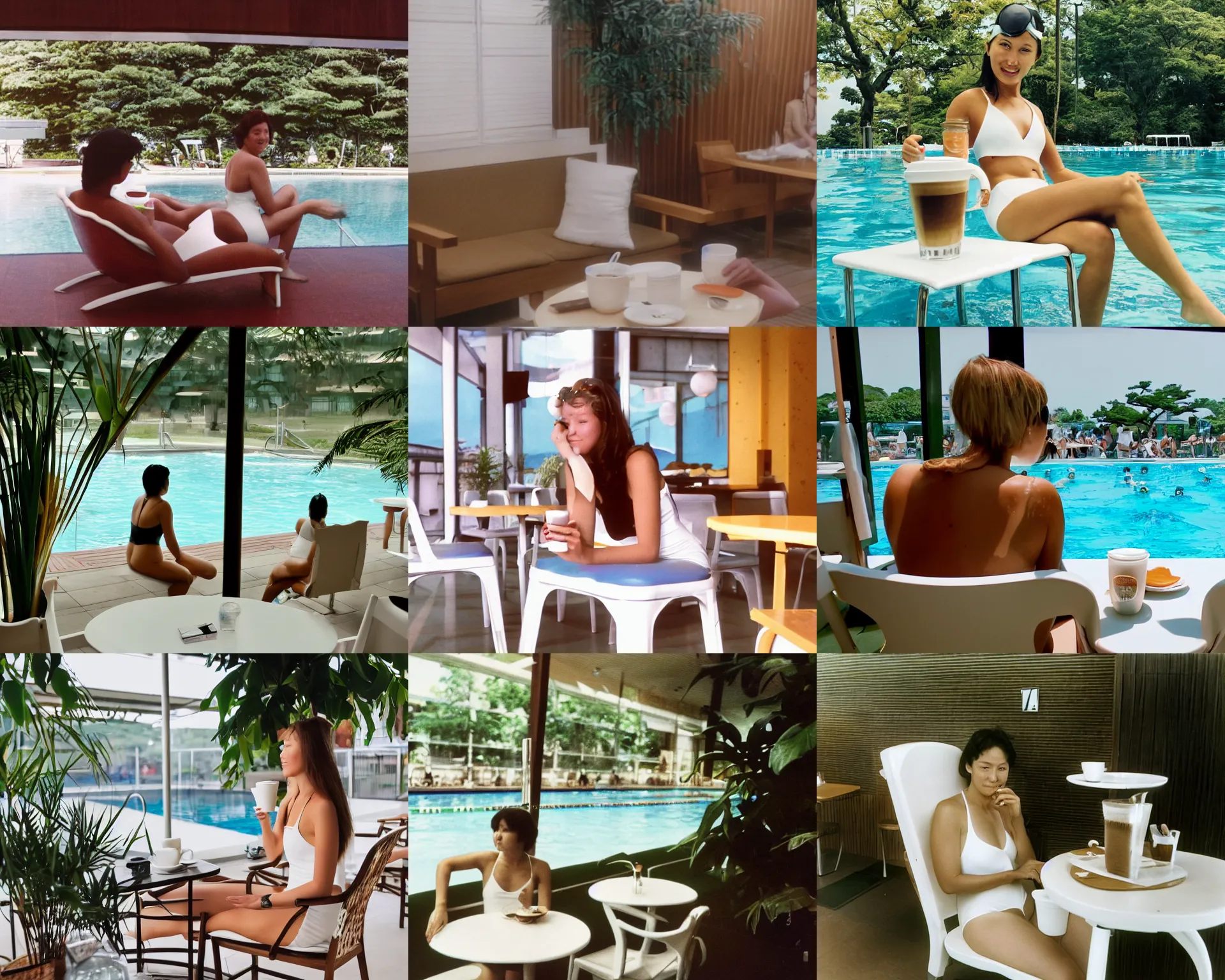 Prompt: home video footage, a woman in a white swimsuit sits on a white chair in a cafe lounge at a public swimming pool facility in japan ; coffee is on the table. water, tree ; daylight, summer, color vhs picture quality