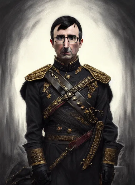 Image similar to portrait of stoic looking john oliver as in the vigo carpathian painting, military uniform, fantasy, intricate, elegant, beautiful, highly detailed, charcoal, centered, dark, smokey, digital painting, artstation, concept art, smooth, sharp focus, illustration, art by artgerm and greg rutkowski and alphonse mucha