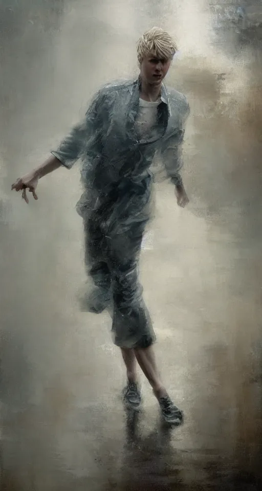 Image similar to painting of a beautiful pale androgynous blond man, dancing in the rain, by Jeremy Mann and Jason Jenicke, 70mm, cinematic, highly detailed, stylized, loose brush strokes, intricate, realistic, exaggerated lighting, dramatic lighting, sense of scale, sense of movement, sensual