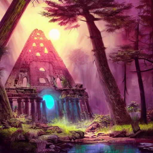 Image similar to ancient ruins in the forest, retrowave art, vaporwave, trending on art station