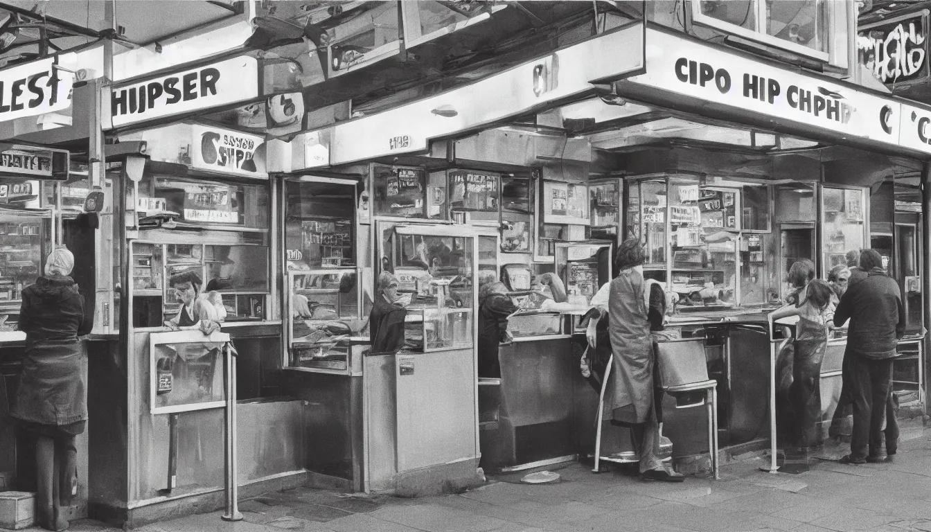 Prompt: 1 9 7 0 s chip shop, customers argue about the price, hyper realistic photo, full colour, upscale, 8 k, masterpiece,