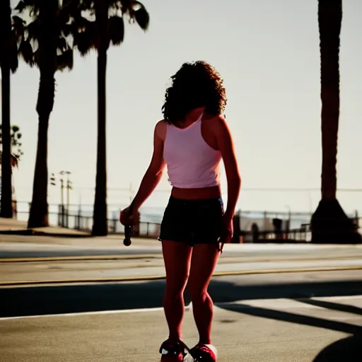 Image similar to a roller skater in a cinematic shot in santa monica, mid - afternoon, canon eos c 3 0 0, ƒ 1. 8, 3 5 mm, 8 k, medium - format print, inspired by roger deakins cinematography