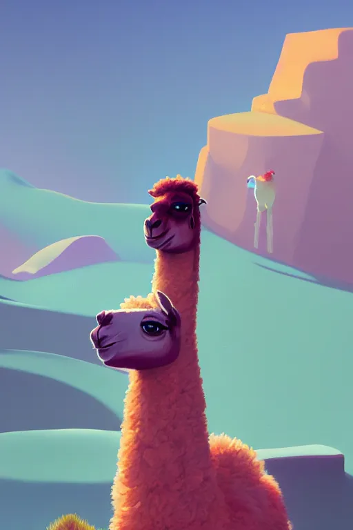 Image similar to The Llama, illustration, painting oil on canvas by James Gilleard octane render trending on artstation, 4k, 8k, HD