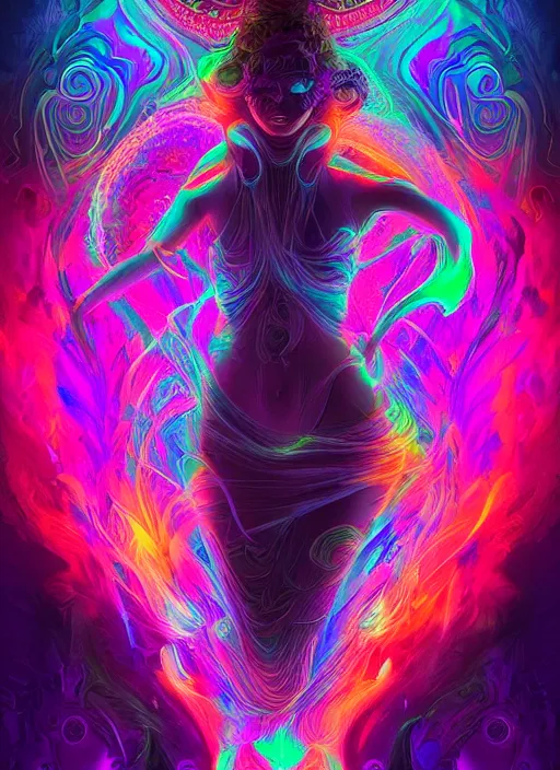 Prompt: psychedelic [ [ [ chemiluminescence ] ] ] elegant woman chakra spirit with smoke and fluid dynamics, colorful, psychedelic, ornate, intricate, digital painting, concept art, smooth, sharp focus, illustration, blacklight reacting, art by artgerm and greg rutkowski