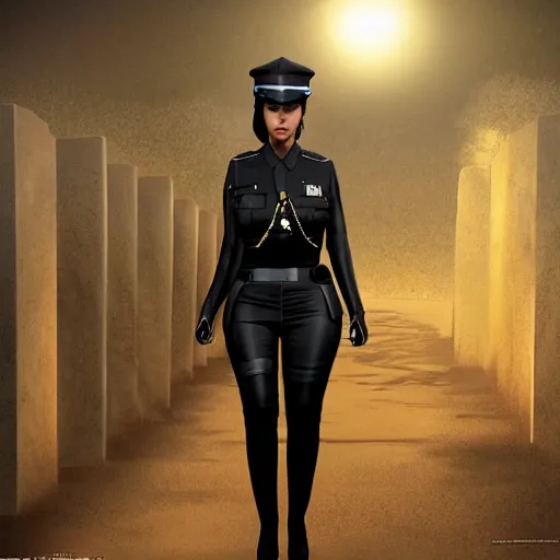 Prompt: kim kardashian as a cop, police uniform, full body view, scary graveyard, pretty, dust molecules, detailed photo, DeviantArt, Artstation, moonlit lighting