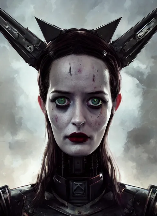 Image similar to hyper realistic photography portrait of heroic warhammer machine robotic android girl, eva green, wednesday addams, cinematic, chaos marine, artstation, cgsociety, full head and shoulders, greg rutkowski, james gurney, mignola, craig mullins, brom redshift, vray, octane render