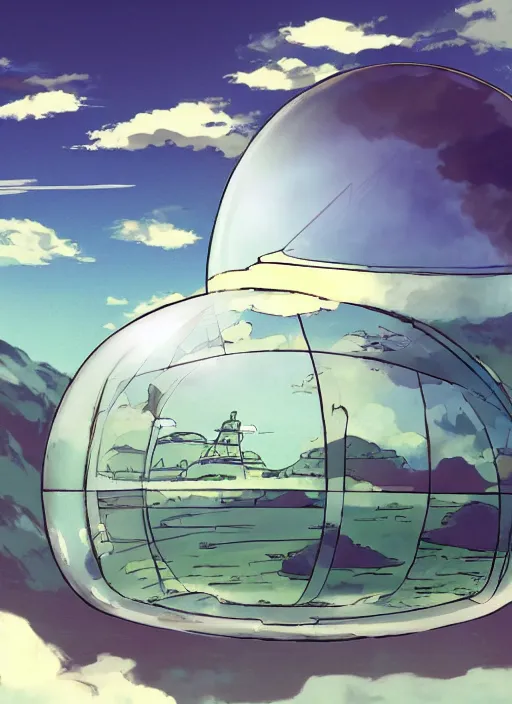 Image similar to an asymmetrical cell - shaded studio ghibli concept art study of a huge silver cube ufo inside a transparent bubble in the sky. wide shot, very dull colors, hd, 4 k, hq