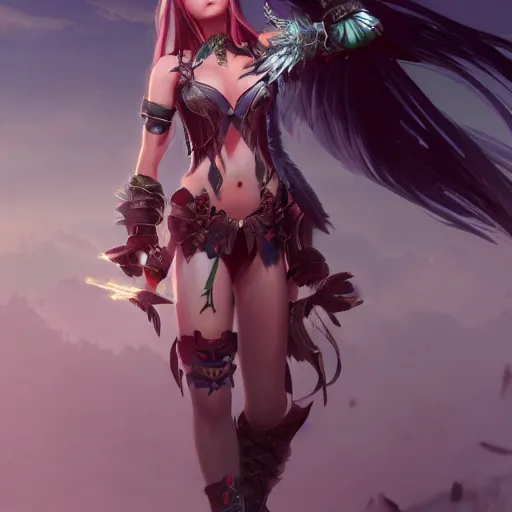 Prompt: character design, beautifull female warrior, fantasy style clothing, anime key visual, official media, illustrated by wlop, extremely detailed, 8 k, trending on artstation, cinematic lighting, beautiful, mist, photorealistic, octane render, unreal engine, hyper detailed, volumetric lighting